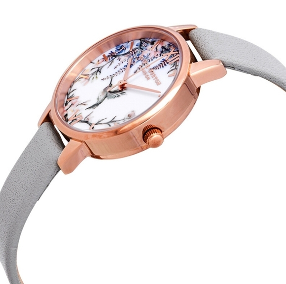 Olivia Burton Grey Rose Gold Watch with Floral Design And Hummingbird - Picture 3 of 8